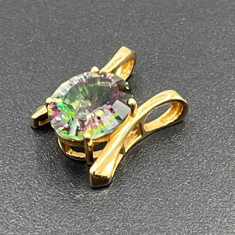 Yellow Gold 14k, 5 Ct Mystic Rainbow Topaz Glowing Gemstone Pendant Slider 3.7gr